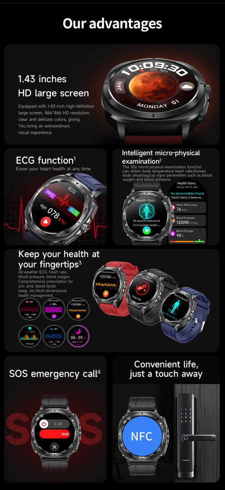 New Health Watch Uric Acid Blood Pressure Blood oxygen Body Analysis Body Fat SmartWatch ECG+PPG Bluetooth call Clock Women Men