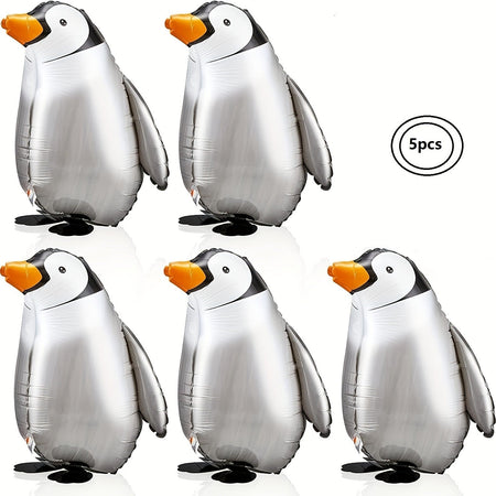 5pcs Cute Walking Standing Penguin Aluminum Balloon Traction Walking Balloon Ribbon For Kids Pet Theme Birthday Party Decoration