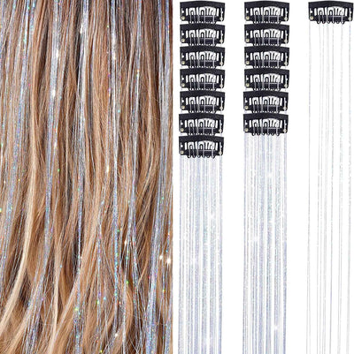 6Pcs 50cm Sparking Shiny Hair Tinsel Hair Extensions Tinsel Synthetic Hair Clip  Extensions Women for Braiding Headdress
