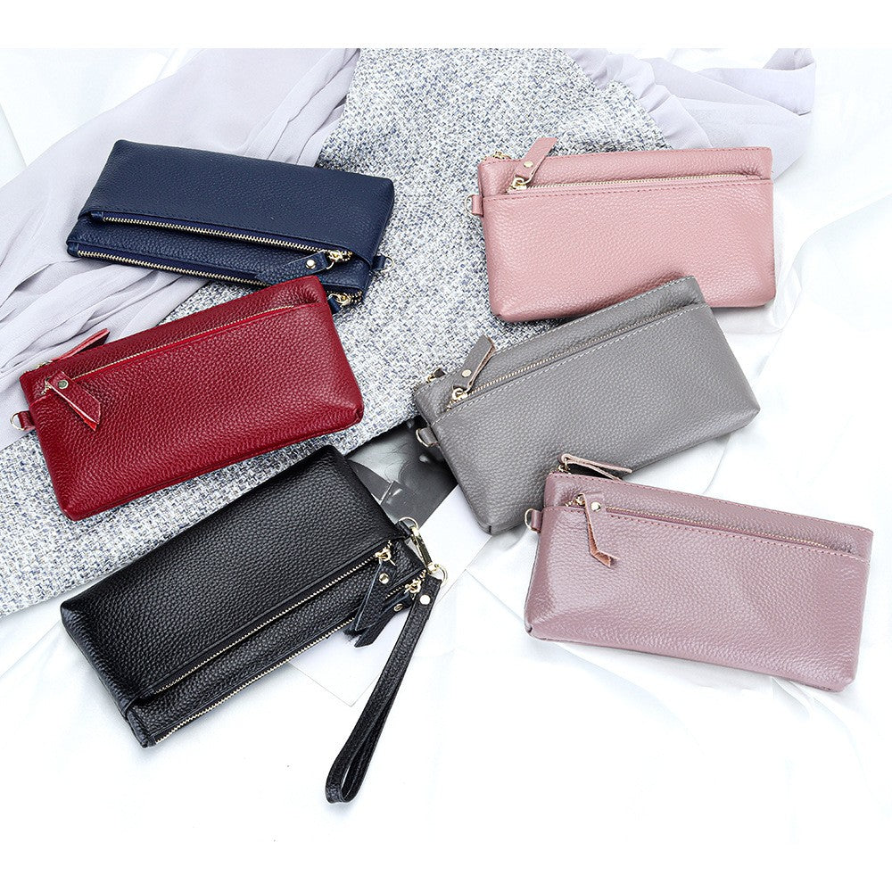 Women's Wristlet Clutch Purse Genuine Leather Clutch Cellphone Smartphone Long Wallet Vintage Purse Travel Double Zip Wristlets
