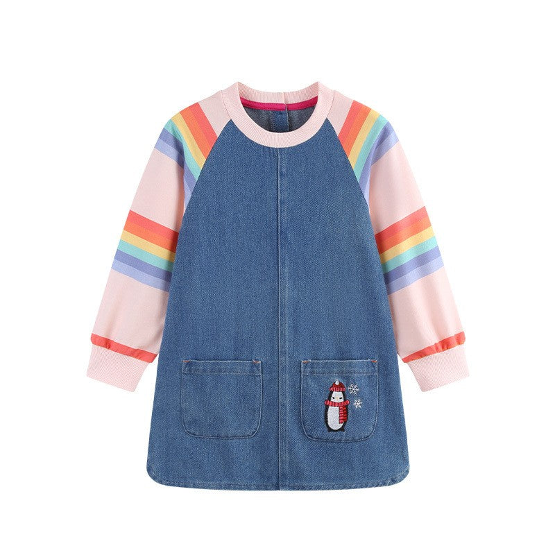 New Girls' Dress  Round Neck Children's Princess Dress Denim Fabric Toddler Kids Clothing 4-8Y