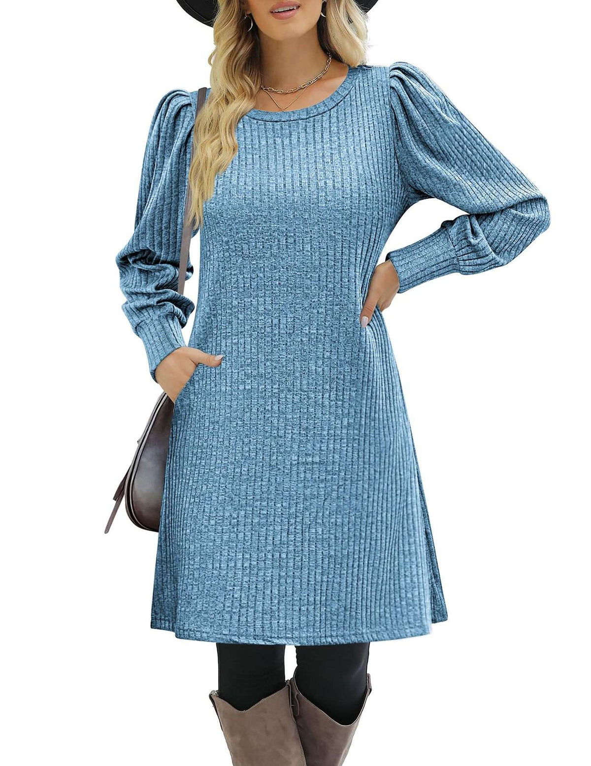Y2K autumn and winter women's crew neck solid color sweater bubble sleeve fashion commuter dress comfortable casual loose dress