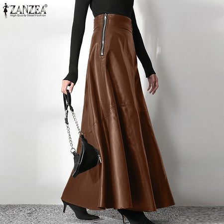 ZANZEA Women's PU Leather Maxi Skirt 2023 Spring Elegant OL Long Saias Fashion Solid Mujer Faldas Casual High Waist Zipper Jupe