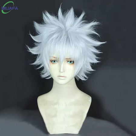 High Quality Anime Hunter Killua Zoldyck Cosplay Wig 30cm Short Silver White Heat Resistant Synthetic Hair Party Wigs + Wig Cap