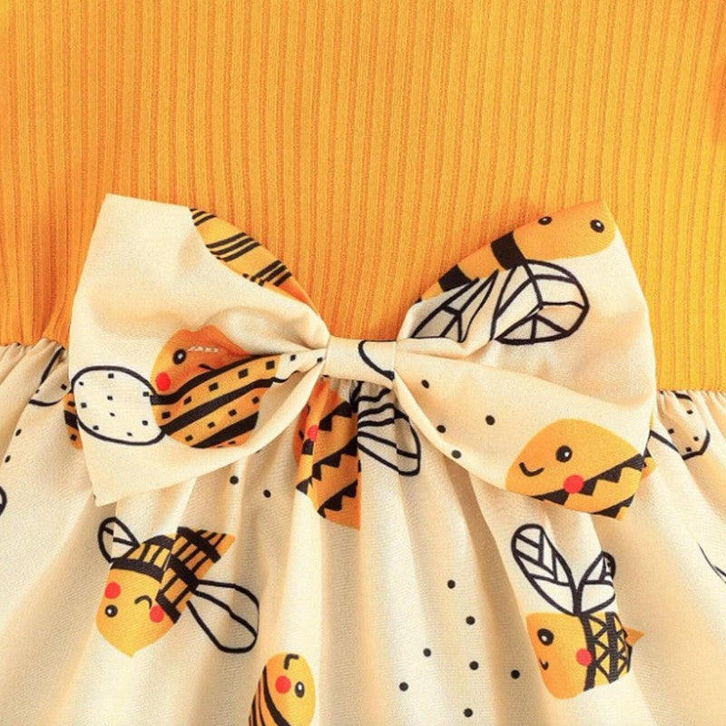 (0-3 Year Old Baby Girl Dress) Summer New Yellow Little Fly Sleeves Cute Bee Children'S Sleeveless Clothes+Bow Headband