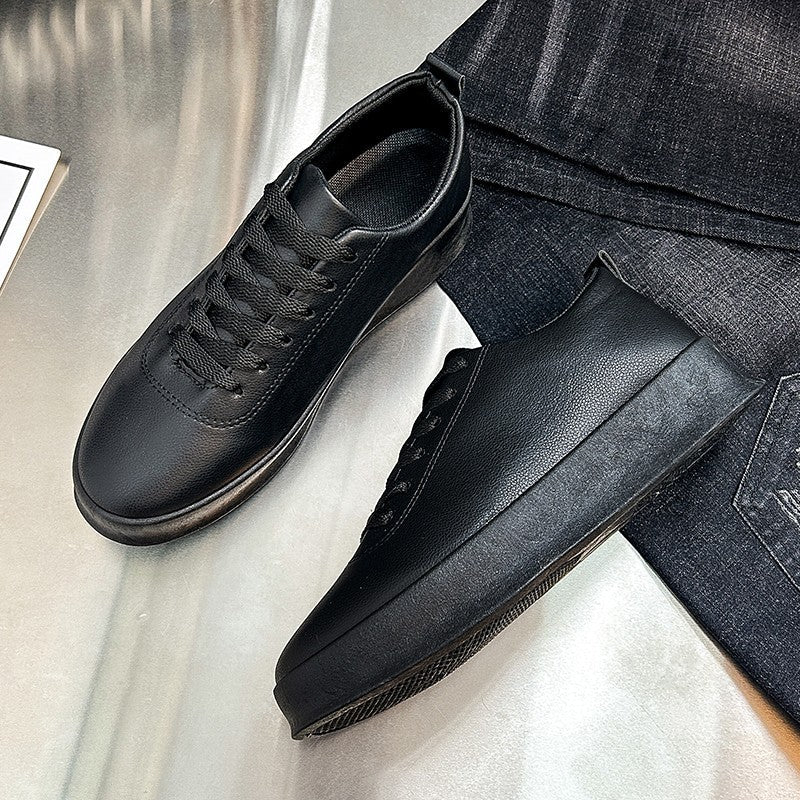 Fashion Thick Sole Black White Soft Men Leather Shoes Platform Men Casual Board Shoes Walking Sport Shoes Lightweight Work Shoes