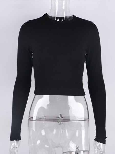 O Neck Long Sleeve Shirt Women Ribbed Sexy Cropped Tops 2024 Spring Black Casual Skinny Slim Basic Woman T Shirts White