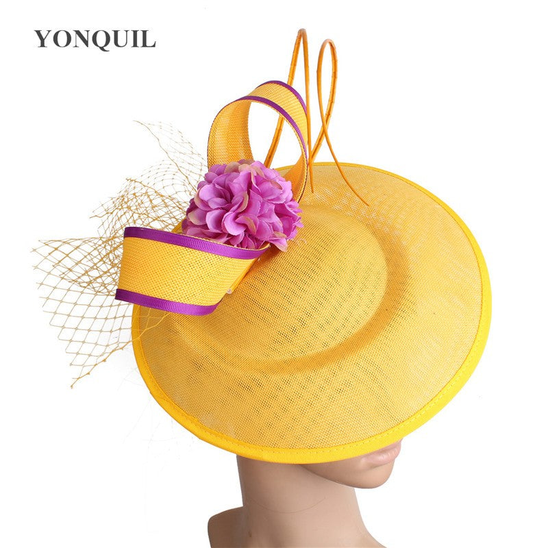 New Design Yellow With Purple Hair Fascinator Hat Headband Bridal Wedding Party Headpiece Mesh Ladies Occasion Hair Accessories