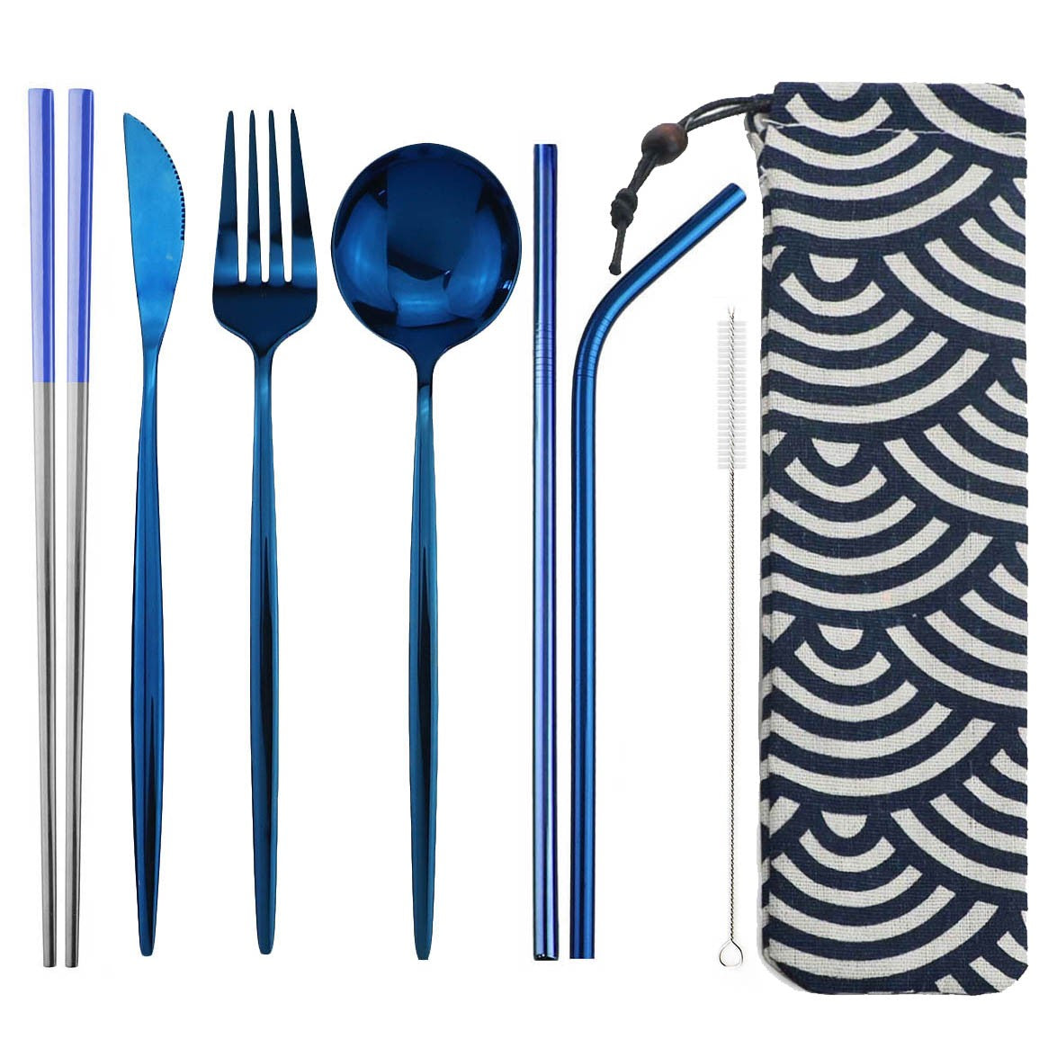 8pcs Portable Travel Knife Fork Spoon Chopsticks Straw Dinneware Set Blue Cutlery Set 304 Stainless Steel Silverware with Pouch