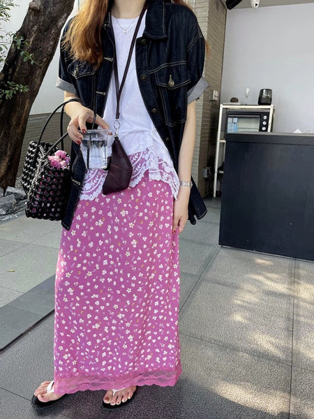 Ezgaga Skirts Women Elegant Floral Printed Lace Patchwork 2025 Summer Fashion Vintage Sweet Ladies Long Skirt Casual Chic