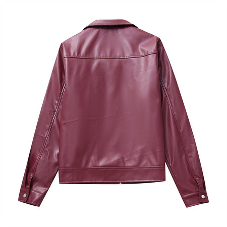 Women Vintage Wine Red Faux Leather Jakcet Fashion Outerwear Zipper Lapel Pu Coats Autumn Winter Streetwear Ladies Short Tops