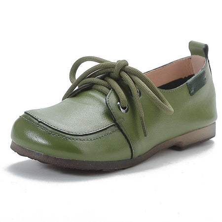 Vintage Plain Oxfords Shoes Women's Genuine Leather Flats Ladies Laced Up Moccasins Elderly Woman Square Toe Driving Loaferss
