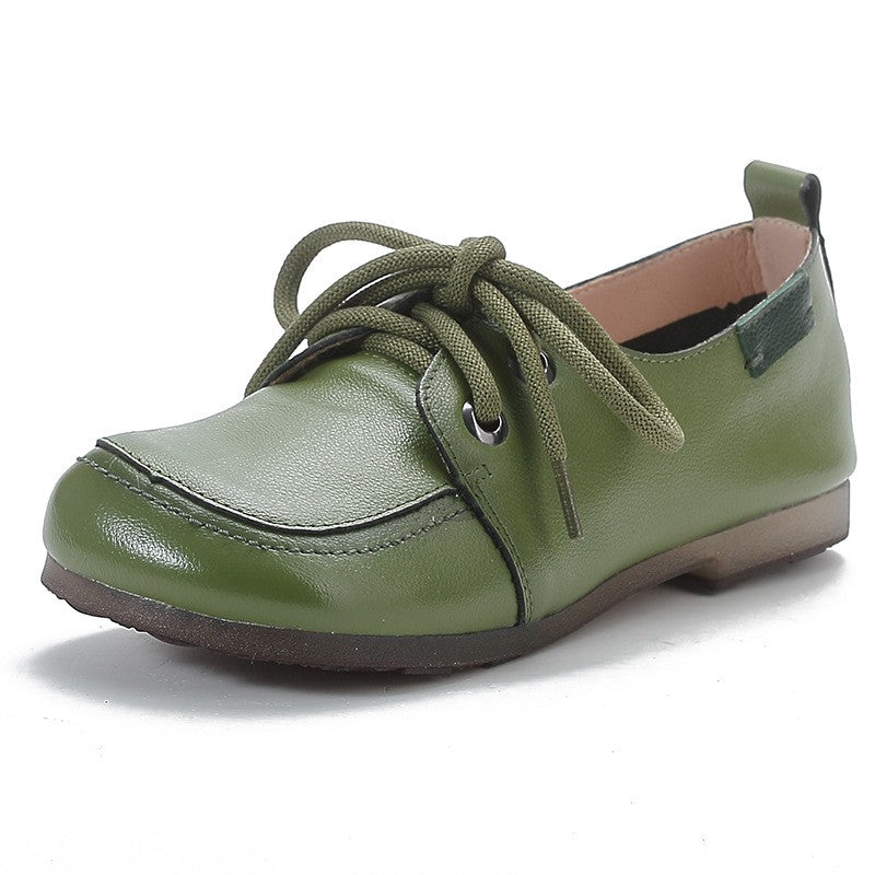 Vintage Plain Oxfords Shoes Women's Genuine Leather Flats Ladies Laced Up Moccasins Elderly Woman Square Toe Driving Loaferss