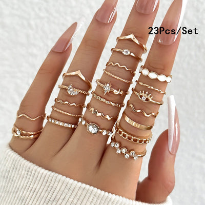 23Pcs Fashion Knuckle Rings Set For Women Crystal Star Moon Eye Wave Gold Silver Color Rings Female Trendy Party Jewelry Gift