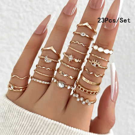 23Pcs Fashion Knuckle Rings Set For Women Crystal Star Moon Eye Wave Gold Silver Color Rings Female Trendy Party Jewelry Gift