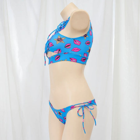 Anime Beach Girl Red Lip And Yellow Danger Warning Line Uniform Printing Bikini Swimsuit Underwear Women Outfits Cosplay Costume
