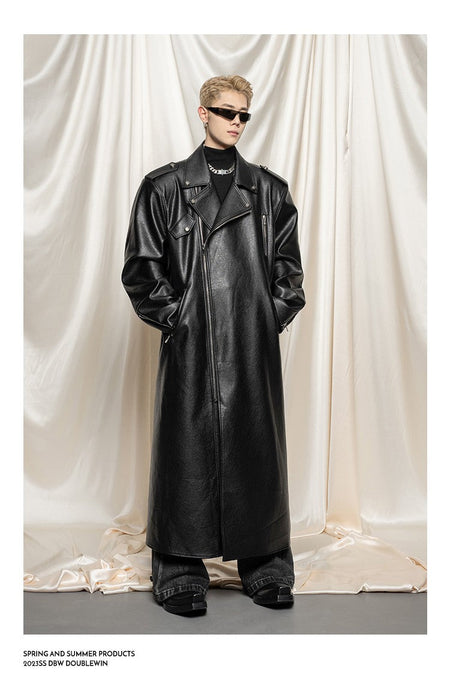 Mauroicardi Spring Autumn Oversized Cool Extra Long Black Pu Leather Trench Coat Men Zipper Loose Luxury European Fashion 2023