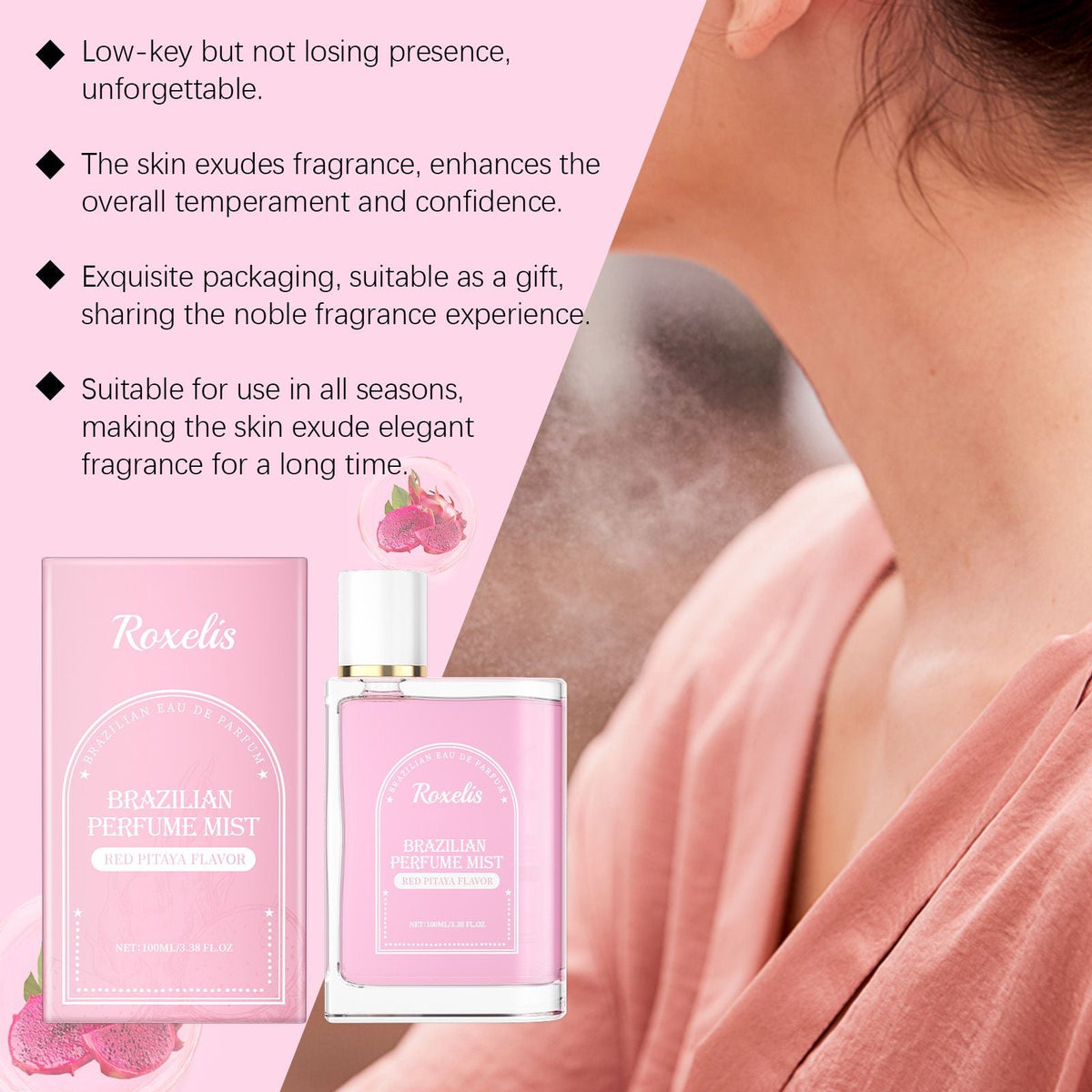 Roxelis 100ml Brazilian Style Perfume Light Fragrance Red Pitaya Jasmine Scent Fresh Long Lasting Aroma Dating Flirting Perfume
