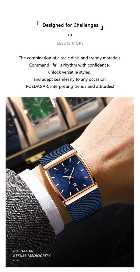 POEDAGAR Top Luxury Men Watch Stainless Steel Mesh Date Waterproof Luminous Man Wristwatch Casual Rectangle Quartz Men's Watches