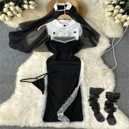 Role Student Complete Maid Cosplay School Costume Set Ruffle Cosplay Vacation Halloween Outfit Halter Dress Set Outfit Costume