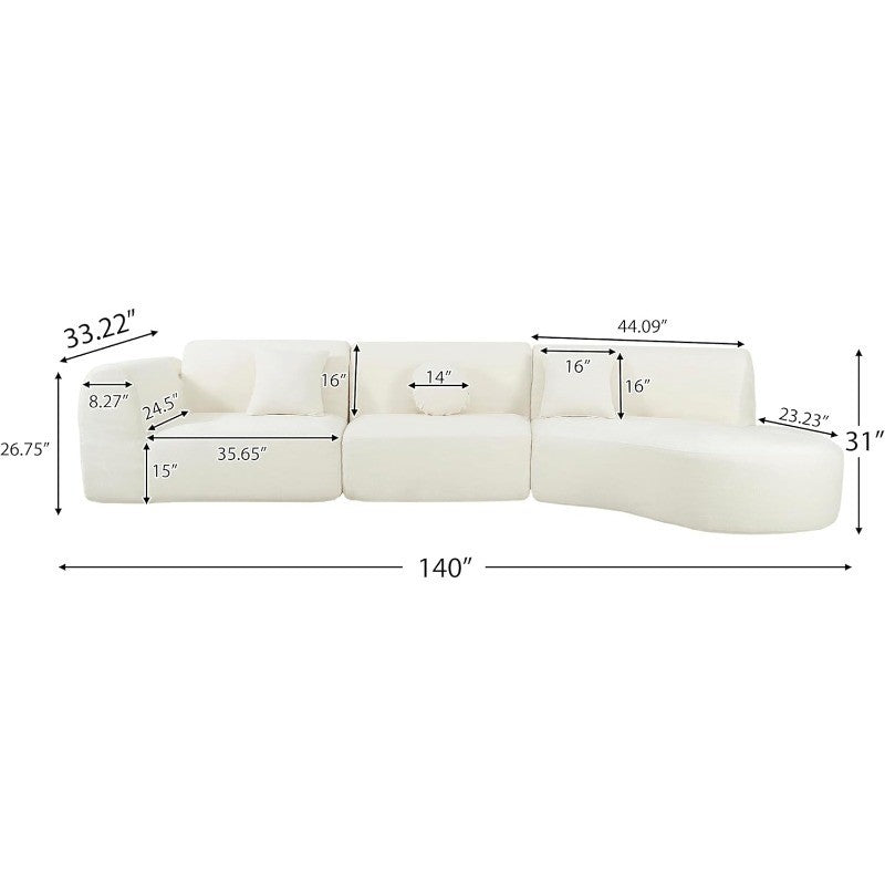 Curved Polyester Sectional Sofa Set, 7 Seat Modern Cloud Couch with Chaise Lounge, 3 Pillows, Fully Assembled for Living Room