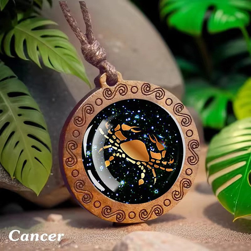 Vintage 12 Zodiac Sign Glass Wooden Necklace Adjustbale Long Rope Chain Necklace Constellation Jewelry