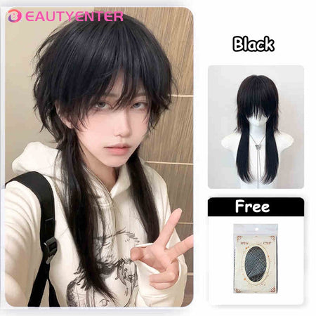 Mullet Head Wig Short Synthetic Straight golden black Fluffy Natural Wolf Tail Hair Men and Women Wig for Daily Party Cosplay