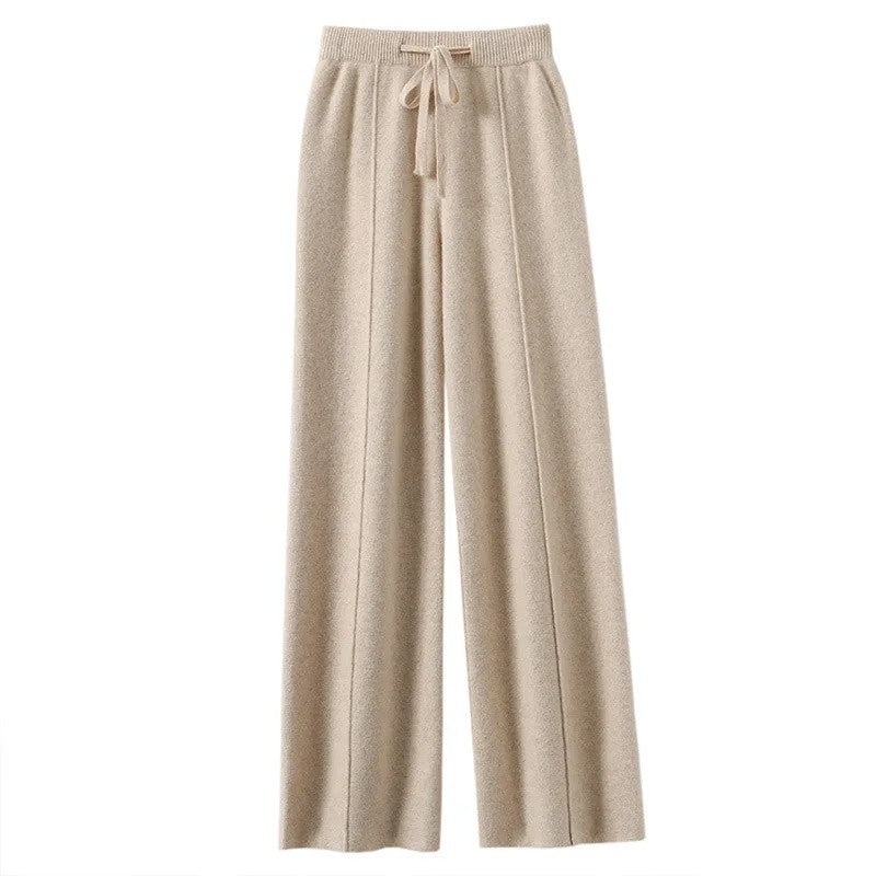 High Waist Wide Leg Pants Mid-Seam Knitted Trousers Drawstring Waist Belted Floor-Length Pure Color Versatile Autumn Winter Casu