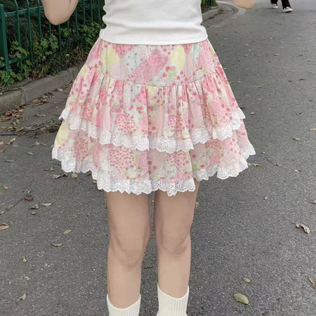 Sweet Cute Lace Cake Skirt Kawaii Lolita Japanese Mini Layered Ruffles Skirts Y2k Harajuku Casual Women Summer 2025 Skirts