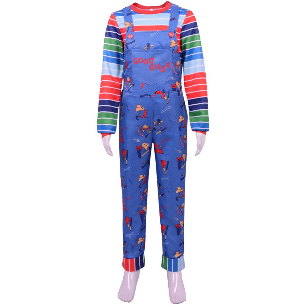 Movie Horror  Chucky  Adult Chucky Cosplay Costume with Striped Shirt and Jumpsuit for Chucky Overalls Halloween Costumes