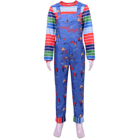 Movie Horror  Chucky  Adult Chucky Cosplay Costume with Striped Shirt and Jumpsuit for Chucky Overalls Halloween Costumes