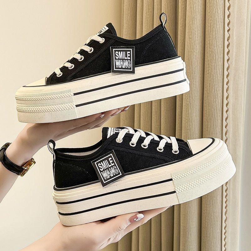 2024 New Women's Black Platform Canvas Sneakers Lace-up Comfortable Shoes Fashion Outdoor Multi-functional Sports Canvas Shoes