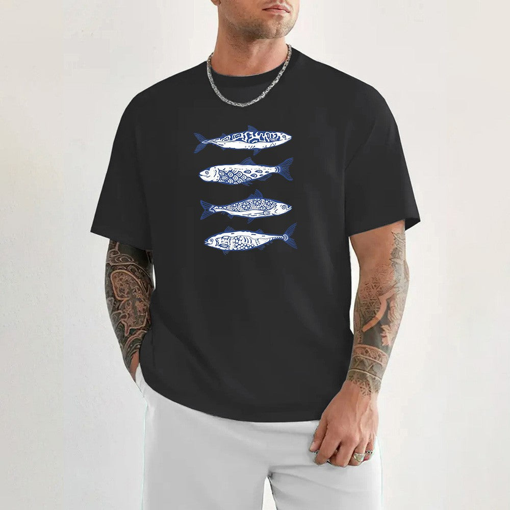 2025 Fish pattern print high quality 100% cotton t-shirt with round neck, summer trend short sleeves, street hip hop top.