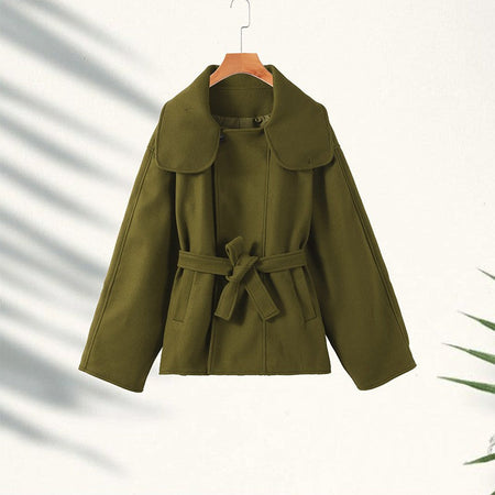 Woolen Solid Women Coat Fashion Belt Patchwork Lace Up Full Sleeve Lapel Lady Jacket 2025 Autumn Winter Female Loose Streetwear