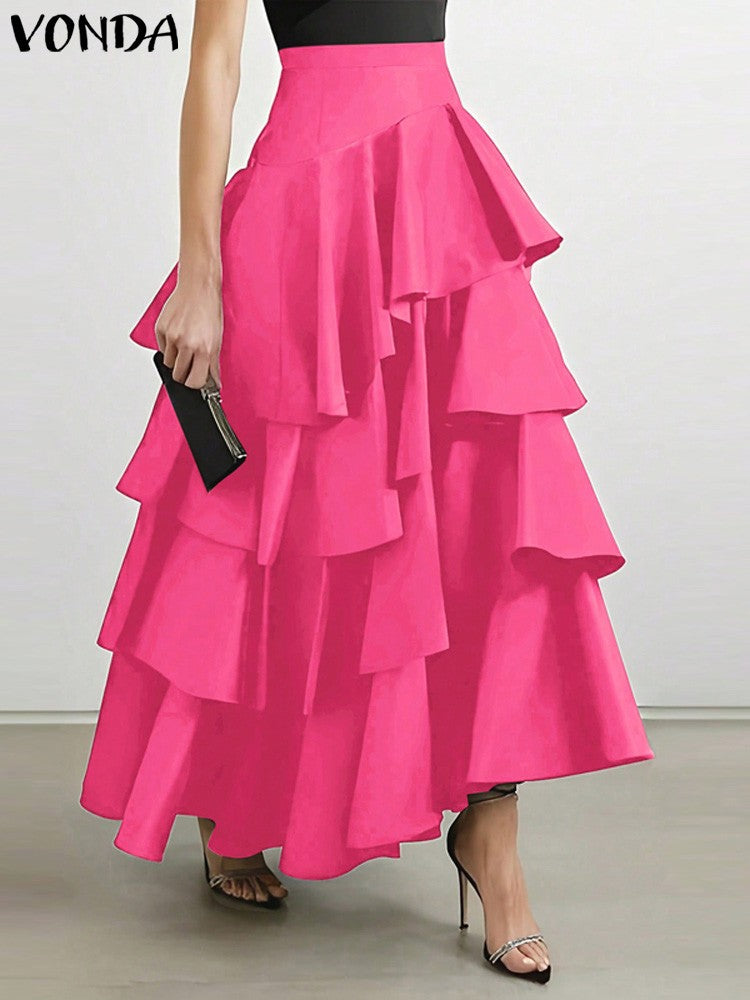 VONDA Plus Size Women Party Skirt 2024 Street High Waist Fashion Multi Layered Ruffled Hem Long Maxi Skirts Elegant Swing Bottom