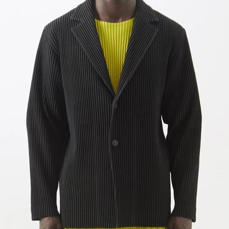 Miyake New 2025 Spring Suit Long Sleeve Pleated Pleated Men's Jacket Lapel Pleated Solid Color Fashion Loose Plisse Casual Top