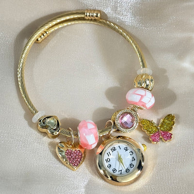 Cross-border Gold Bracelet Watch Adjustable opening Alloy bracelet Quartz Watch Beaded Small flower bracelet Watch