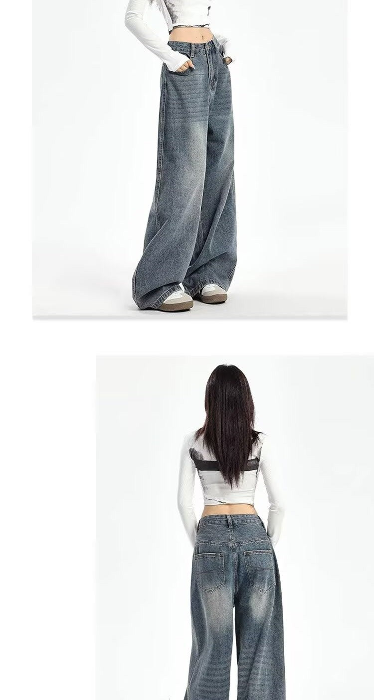 Retro High Waist Wide Leg Jeans Women Summer New plus Size Loose Slimming Pear ape Straight Leg Pants Casual Waed Blue