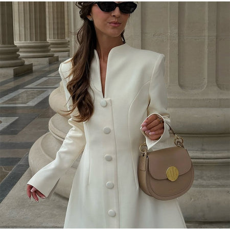 Fashion Solid Cinched-waist Mini Dress Women Elegant Lapel Full Sleeve V-neck A-line High Waist Dresses Lady Office Commute Gown