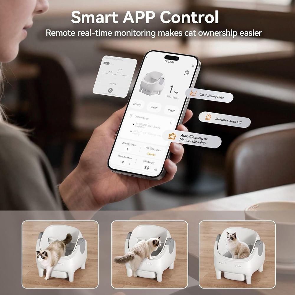Smart Cat Litter Box with App Control, Self-Cleaning, Dual Safety Sensors, 11L Bin, Deodorizing for Multiple Cats
