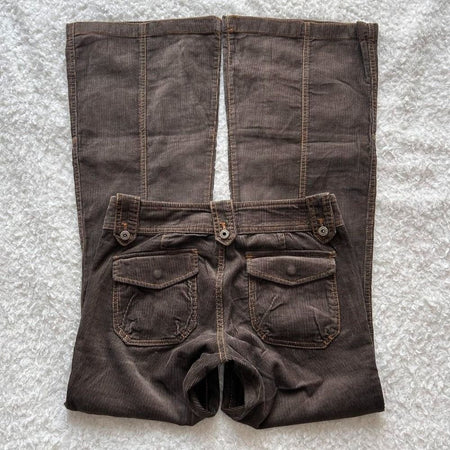 Y2K Brown Flared Jeans Womens Clothing Goth Retro Multi Pockets Low Rise Denim Trousers Harajuku Hot Girl Sexy Slim Jean Pants