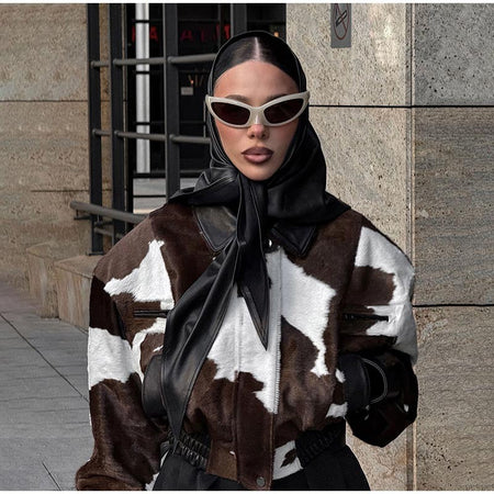 Fashion Women's Cow Print Jacket Lapel Collar Short Length Zipper Button Coats 2025 Autumn Winter Female Trendy Warm Outerwear
