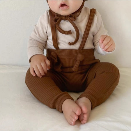 2025 Christmas Baby Suspender Pants with Hat Infant Knit Trousers Outfits Cute Toddler Newborn Casual Leggings Costumes
