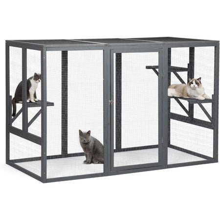 Weatherproof Outdoor Cat Enclosure, Large Wooden Catios with 3 Platforms, Patio Cat Houses for Cats, 71L Enclosed Space