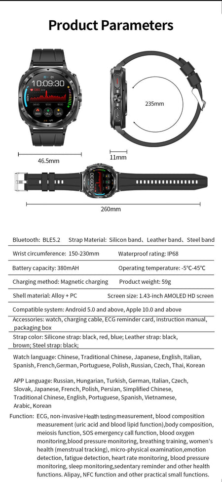 New Health Watch Uric Acid Blood Pressure Blood oxygen Body Analysis Body Fat SmartWatch ECG+PPG Bluetooth call Clock Women Men