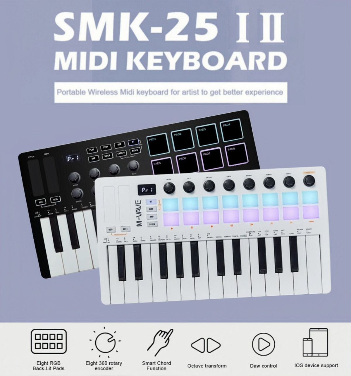 M-VAVE SMK-25 II MIDI Pad Controller Keyboard USB Mini 25 Key,16 RGB Drum Pads,8 Knobs and Music Production,Software Included