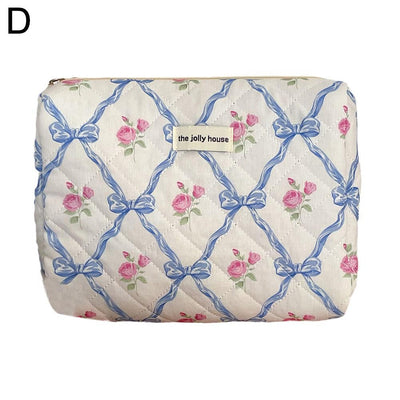 Cute Bow Flower Cloth Handbag Quilting Cotton Makeup Bag Women Zipper Cosmetic Organizer Portable Toiletry Case for Girls