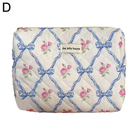 Cute Bow Flower Cloth Handbag Quilting Cotton Makeup Bag Women Zipper Cosmetic Organizer Portable Toiletry Case for Girls