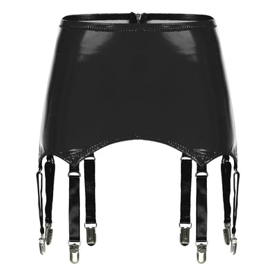 Womens Garters Latex Skirts Ladies Suspender Belt Wet Look Patent Leather Mini Skirts Garters with Metal Clips Clubwear Costume