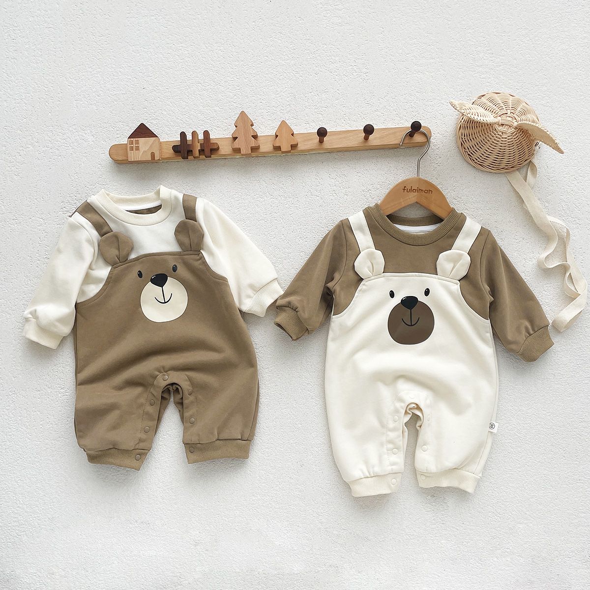 Autumn Baby Bodysuit Little Bear Pattern Dual Color Long Sleeve Warm Jumpsuit Baby Clothes Baby Boys Girls Romper 0-2 Years Old